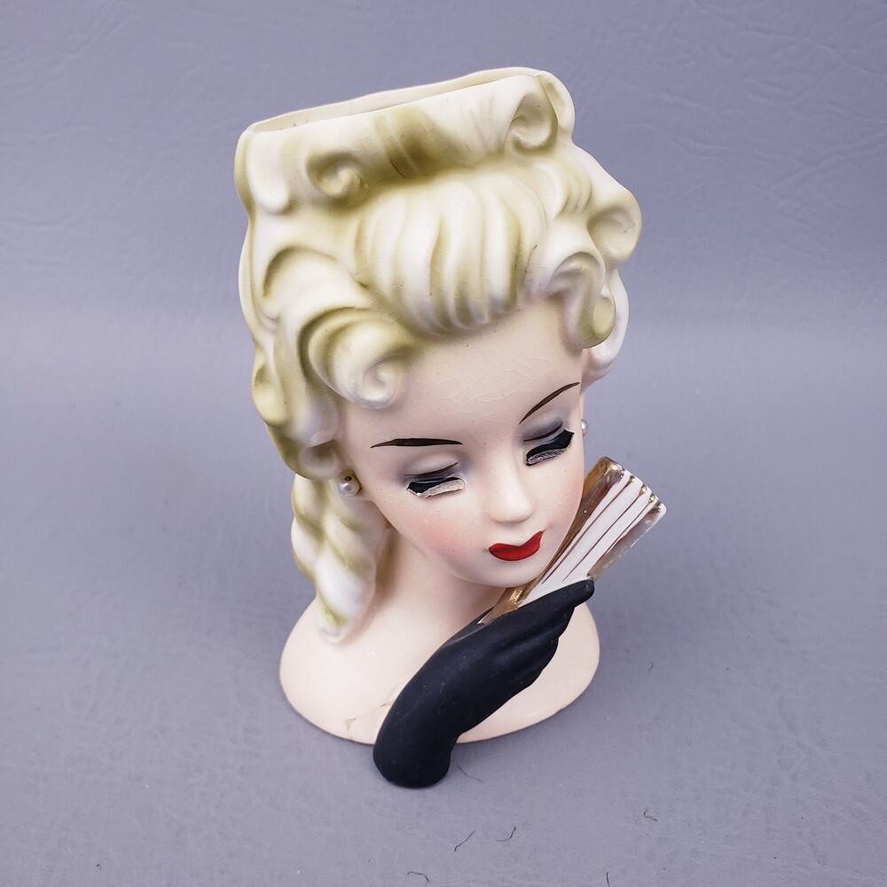 Vintage Inarco E-1610 Lady With Earrings Fan Head Vase 1964 *Damaged/Flaws*